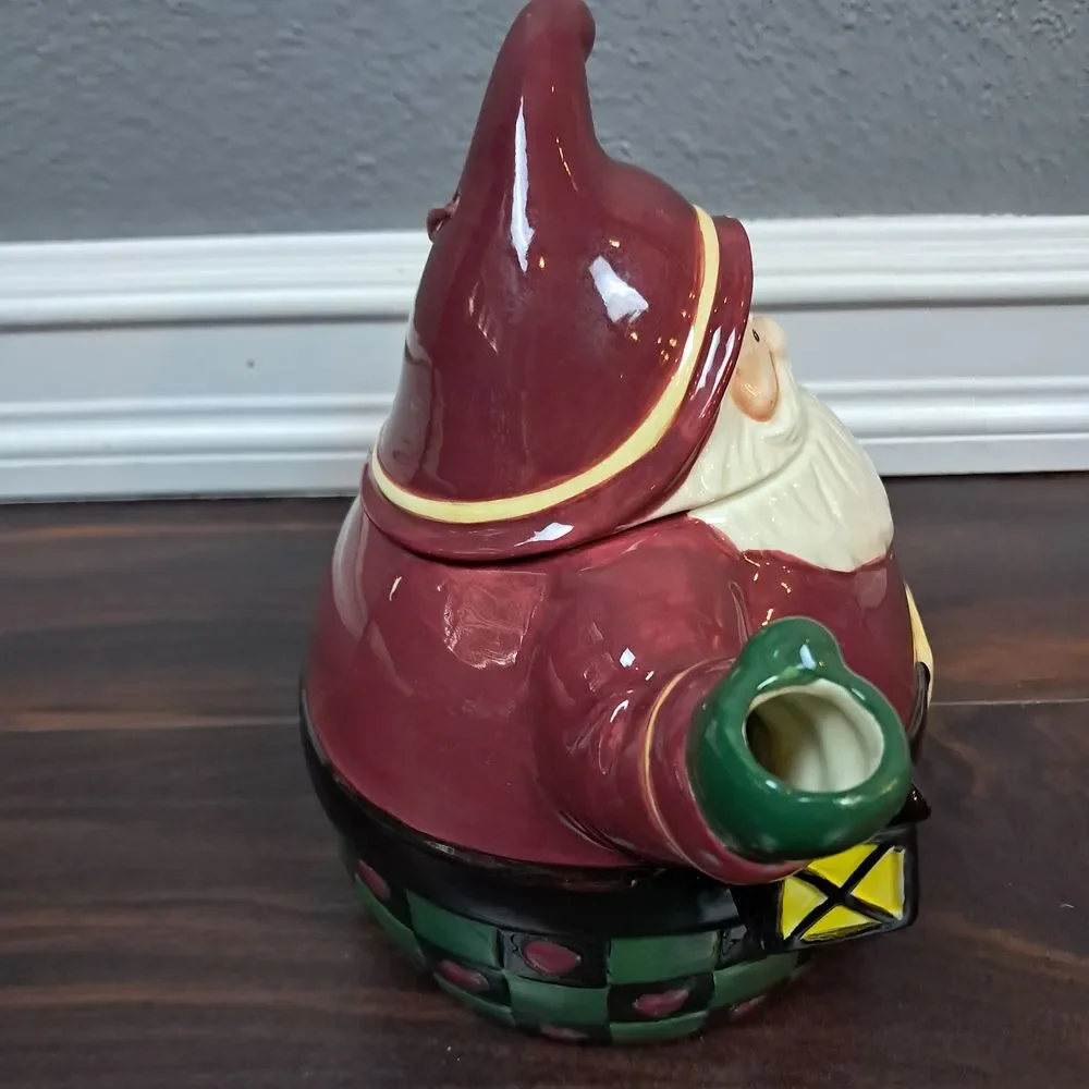 Vintage Christmas Santa Teapot Candy Cane Handle Ceramic Holiday Tea Pot Lantern